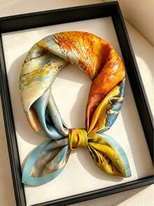 Satin Neck Scarf, Teal Yellow Vintage Oil Painting Print, Square Bandana, Retro Elegant Style, All Season Daily Riding Party Accessory, 70*70cm - Multicolor - View 2