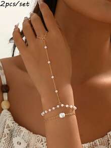 rundraw 2pcs/Set Gold Linked Finger Chain & Handmade Faux Pearl Bracelet, Elegant Jewelry Gift For Women, Daily Wear. - Multicolor - View 1