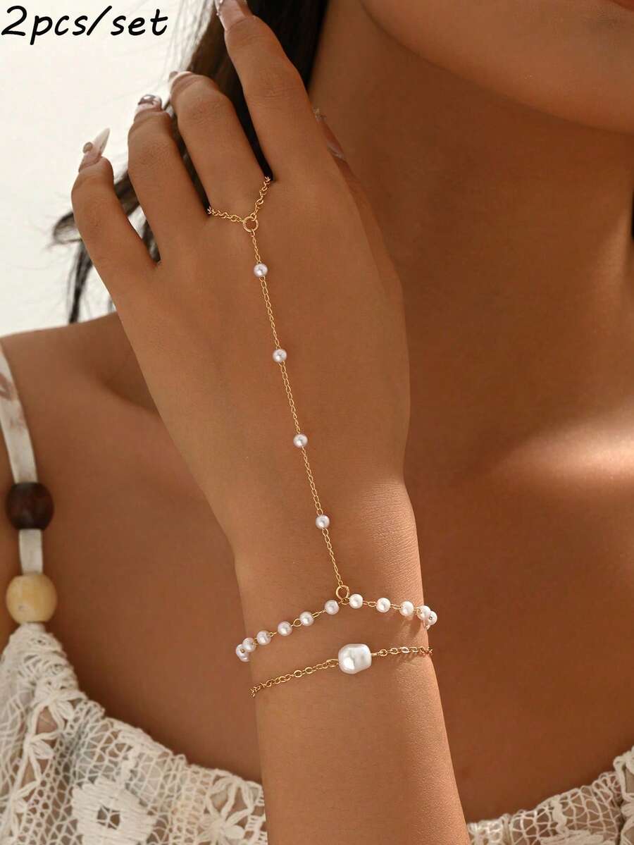 rundraw 2pcs/Set Gold Linked Finger Chain & Handmade Faux Pearl Bracelet, Elegant Jewelry Gift For Women, Daily Wear. - Multicolor - View 1