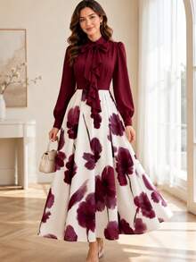 Women's Elegant Floral Print Long Sleeve Casual Dress, Spring/Autumn Vacation Style - Burgundy - View 1