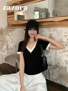 黑色V領2合1短袖女款夏季韓風修身顯瘦短版上衣 - 黑拼白 - 查看 7