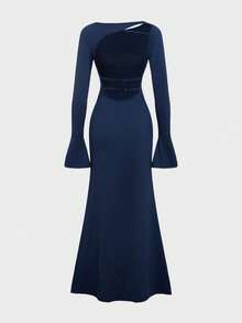 QUNGIGU Women Elegant Boat Neck Dress Backless Flare Sleeve Tie Back Fall Apparel For Wedding Guest Going Out Dating - Blue - View 6