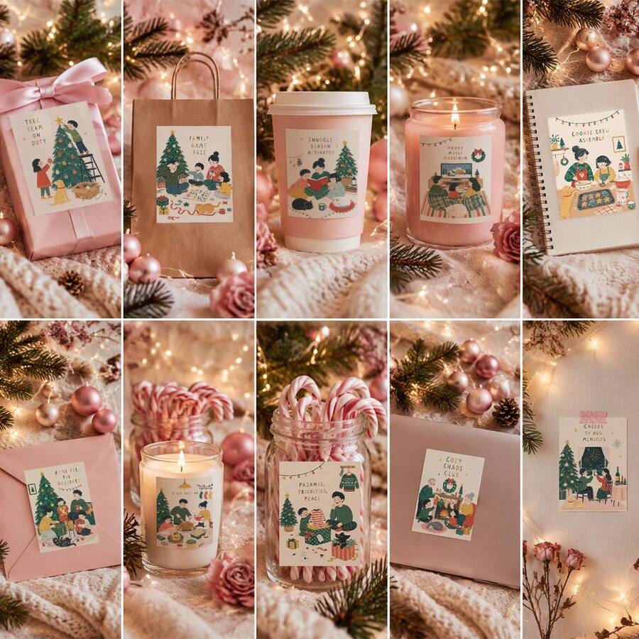 10Pcs Christmas Family Self-Adhesive Stickers, Cozy Holiday Illustration Decals For Journal, Notebook, Scrapbook, Gift Wrapping & Festive Home Decoration - 10Pcs - View 1