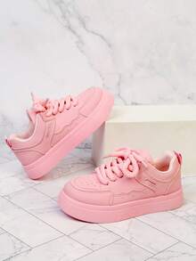 1 Pair Kids Thick Sole Casual Skate Shoes, Chunky Laces, Wavy Stitching Design, Breathable, Non-Slip, Soft Bottom, Versatile Daily Sports Shoes - Pink - View 6
