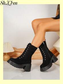 1 Pair Black Lace Up Side Zipper Platform Women Boots Winter Boots Fall Boots Street Daily Mid Calf Boots - Black - View 3