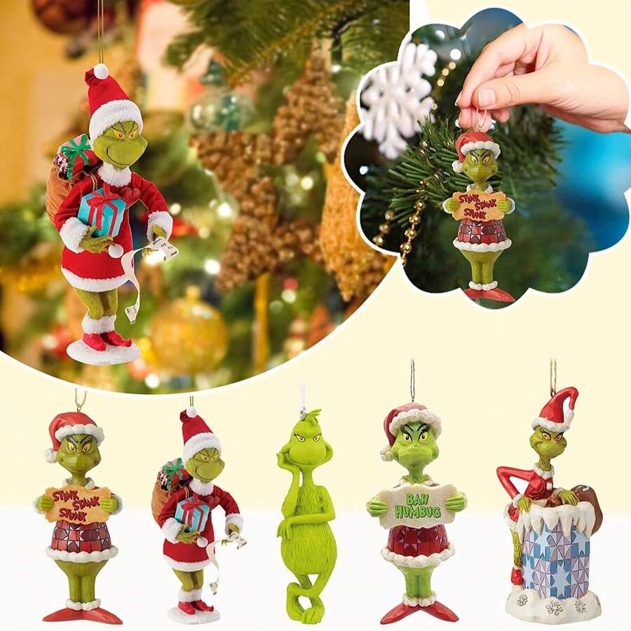 The Grinch 5 قطع من زينة عيد الميلاد المعلقة من الأكريليك، ديكورات شجرة عيد الميلاد، ديكور حفلة العطلات - الوحش الأخضر - مشاهدة 1
