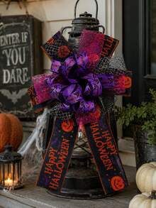 1 pieza Lazo de decoración de Halloween, estilo espeluznante, texto Feliz Halloween, lazo con estampado de telaraña, calabaza y sombrero de bruja, con capa de malla y purpurina, adecuado para coronas, puerta principal, paredes, ventanas, chimeneas, envolver regalos, decoración de fiestas, decoración de entrada de casa embrujada, decoración del hogar, decoración de la habitación - Multicolor - Ver 3
