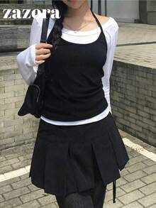 韓式極簡層次感掛脖背心與長袖T恤套裝，秋季 - 長袖+吊帶 - 查看 3