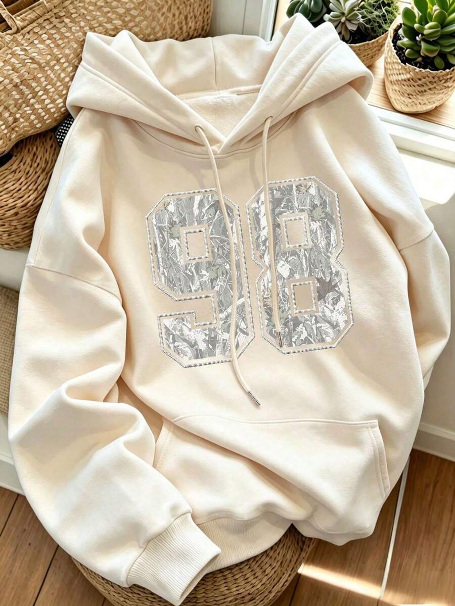 Women's Casual 98 Camouflage Patchwork Print Drawstring Hooded Sweatshirt, Loose Fit Drop Shoulder Kangaroo Pocket Sweatshirt, Everyday Streetwear Style - Apricot - View 1