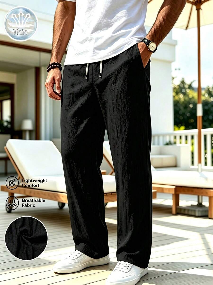 CleanFit Men's Textured Casual Pants, Straight Wide Leg Long Pants, Elastic Waist, Draping Wrinkle-Resistant Sports Black - Black - View 1