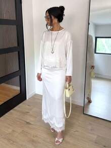 Women's White Non-Stretchy Two Pieces Outfits Sleeve Lace Trim Maxi Set For Daily Lounge Wear - White - View 6