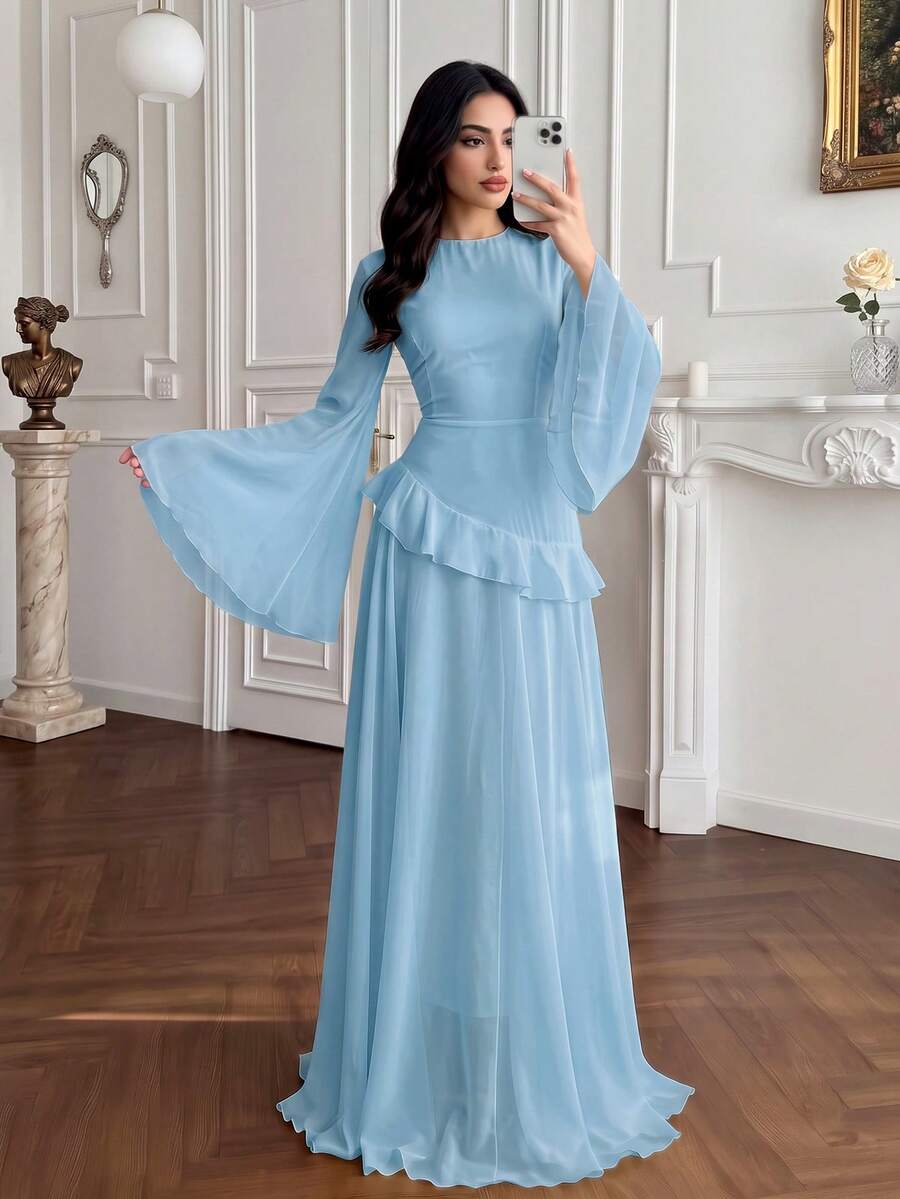 女式优雅荷叶边饰带腰喇叭袖连衣裙,春夏 - 淺藍色 - 查看 1
