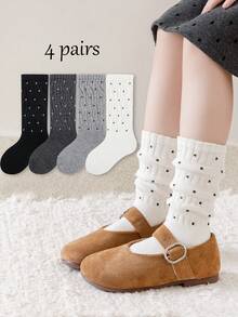 4 Pairs Polka Dot Girls Socks, Loose Fit, Medium Thick, Black, White, Grey, Spring Autumn Winter Children Calf Socks, Fashion - Multicolor - View 1