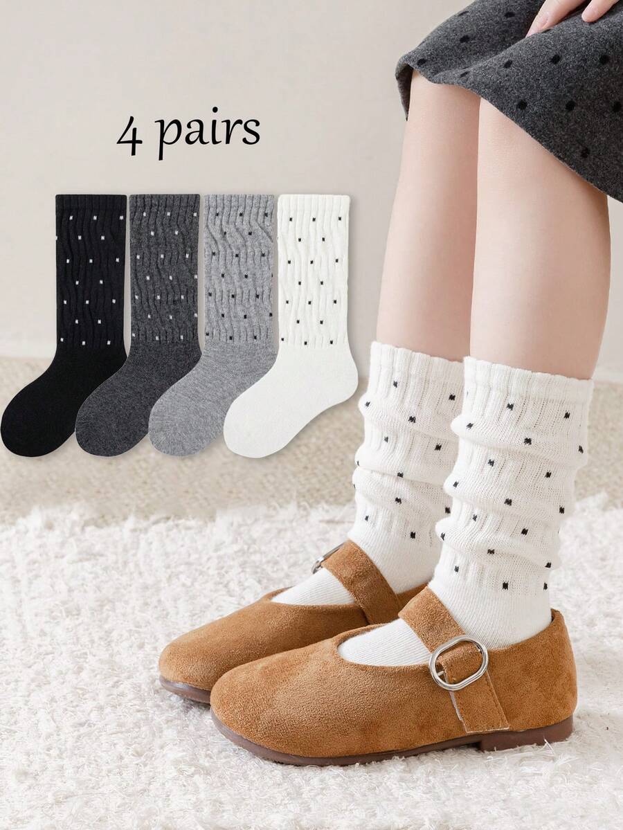 4 Pairs Polka Dot Girls Socks, Loose Fit, Medium Thick, Black, White, Grey, Spring Autumn Winter Children Calf Socks, Fashion - Multicolor - View 1