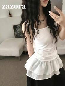 White Semi-Sheer Ruffle Trim Cami Tank Top For Women, Korean Style Summer Layering Inner Top - White - View 5