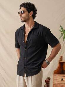 glestore Men's Retro-Style Short-Sleeve Shirt With Diamond Check Pattern-Stylish, Casual, Elegant, And Versatile For Vacation Wear - Black - View 2