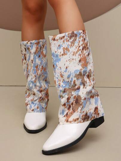 Botas altas hasta la rodilla para mujer, otoño/invierno, punta puntiaguda, tacón grueso, versátiles de moda, unicolor, lunares, degradado, sin cordones