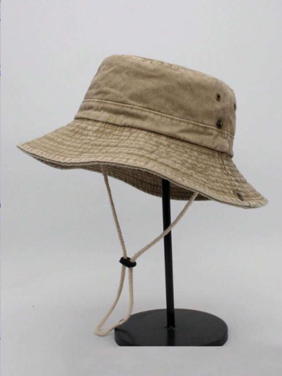 Unisex Washed Drawstring Bucket Hat, Solid Color Sun Protection Hat, Outdoor Casual Sports Cycling Vacation Summer Sun Hat - Khaki - View 1