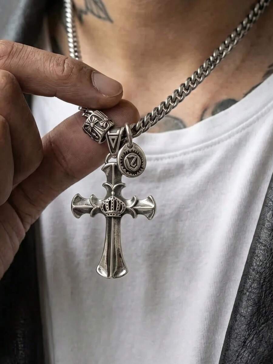 1 buah Kalung Logam Perak Antik Megah dengan Motif Salib dan Mahkota Timbul untuk Pria, Cocok untuk Pemakaian Sehari-hari, Streetwear, Pesta, Hadiah, Kokoh & Serbaguna - Antique Silver - View 1