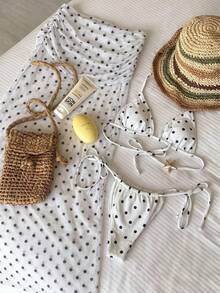 Black Polka Dot White Background Bikini Long Chiffon Dress 3 Pieces Set, Summer Beach Vacation Party Fashion Elegant Casual Swimwear Outfit - Black and White - View 4
