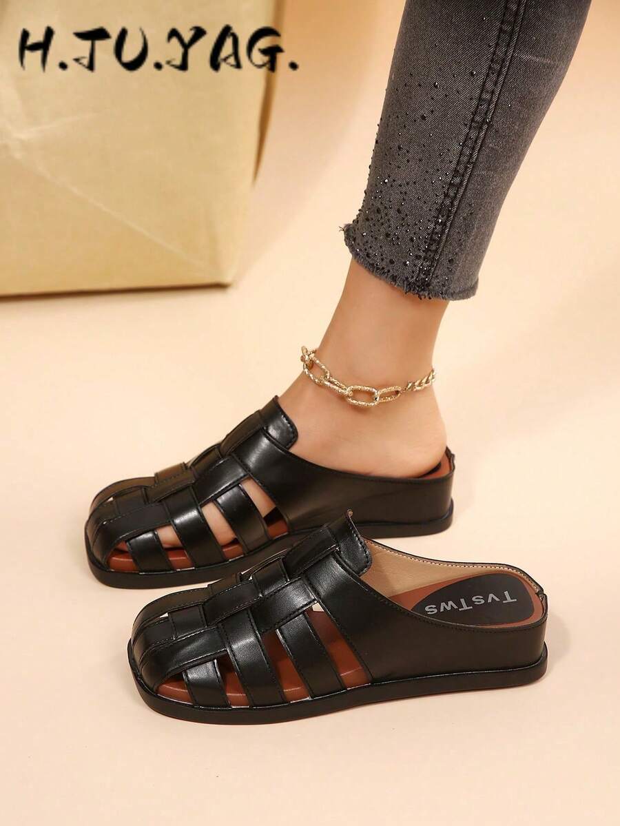 夏季新款豹紋/米色/黑色多色可選，通勤休閒沙灘女款金屬扣方頭拖鞋 - 黑色 - 查看 1