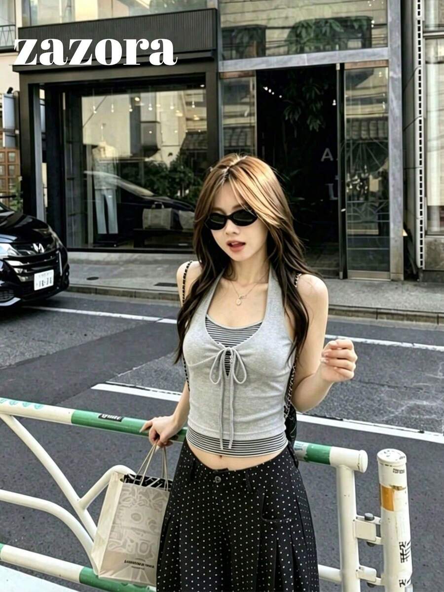 女款條紋拼接 2 合 1 吊帶背心,設計感修身短版夏季上衣 - 灰色 - 查看 1