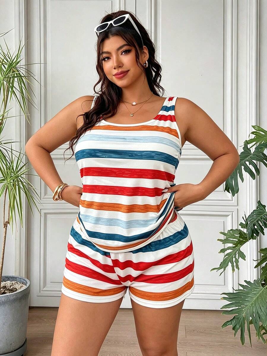 طقم بيجامة نسائي ربيع/صيف ملون بخطوط، توب بدون أكمام وشورت، طقم ملابس منزلية من قطعتين مقاس كبير - متعدد الألوان - مشاهدة 1