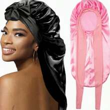 1pc Long Satin Bonnet For Women, Adjustable Tie Strap Sleep Cap, Stretch Hair Cover For Curly Hair, Nighttime Hair Protection & Beauty Care - Multicolor - View 2