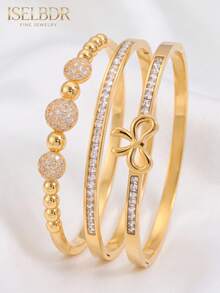 3pcs/Set 18K Gold Plated Stainless Steel Bangle Set For Women, Luxury Sparkling Zirconia Stackable Cuff Bracelets, Waterproof Non-Tarnish Jewelry - Multicolor - View 7