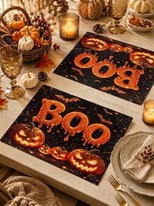 Halloween Table Runner, Throw Pillow, Placemat, Black Background Halloween Glowing Dripping BOO Lettering Bat Spider Web Pumpkin Lantern Long Table Runner, Vintage Holiday Party Decor Fabric Table Mat - Multicolor - View 4