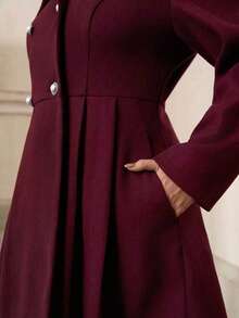 Plus Size Women's Winter Thickened Coat, Burgundy Asymmetrical Collar Double-Breasted A-Line Mid-Length Jacket - Burgundy - View 7