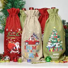 6pcs Christmas Wine Bottle Decoration Bags, Colorful Linen Christmas Pattern Printed Wine Bottle Drawstring Bags, Multiple Patterns And Colors Available - View 1