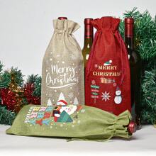 6pcs Christmas Wine Bottle Decoration Bags, Colorful Linen Christmas Pattern Printed Wine Bottle Drawstring Bags, Multiple Patterns And Colors Available - View 4