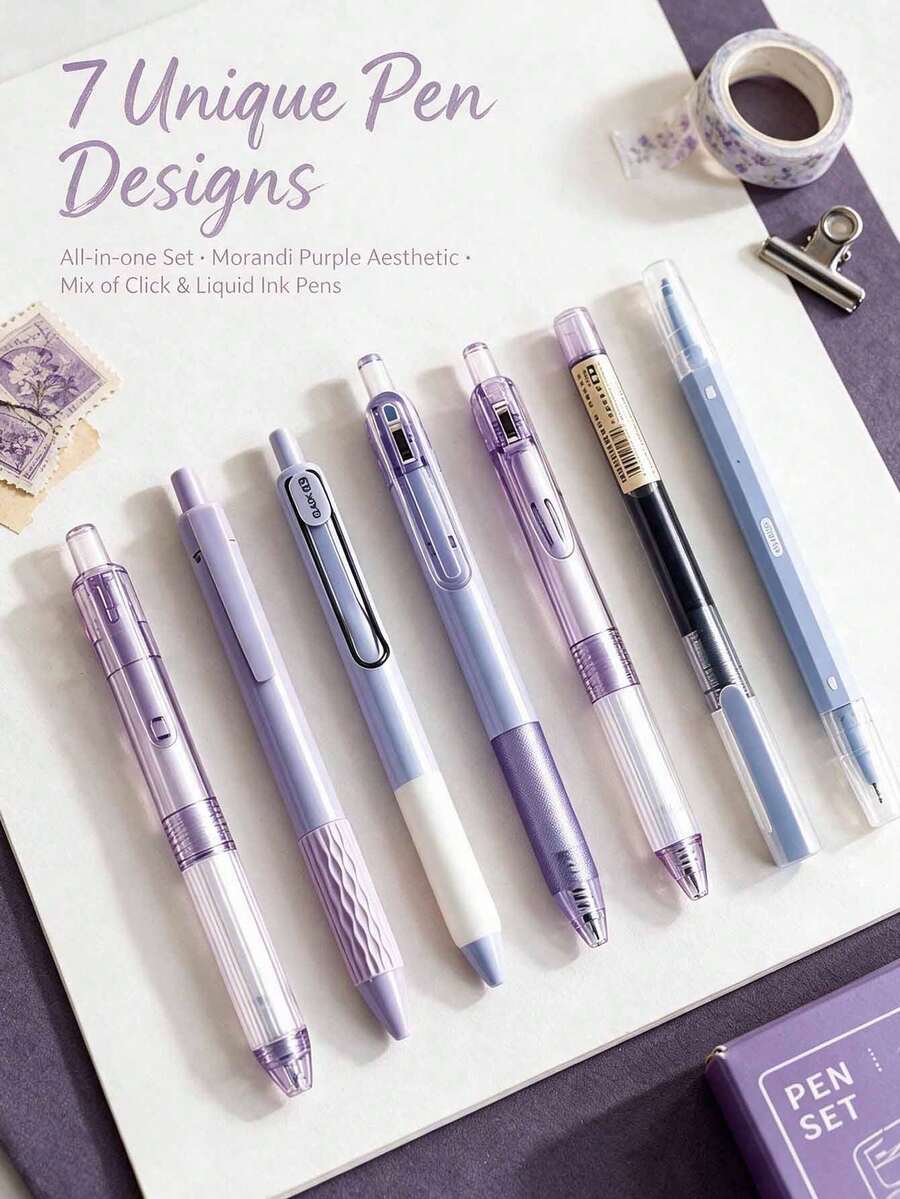 1/7pcs Morandi Purple Retractable Gel Pens, Grape Milk Jelly Ballpoint Pens, Quick-Dry Black Ink Smooth Writing Pens For Students, Gift Box Stationery, Back To School Gift For Friends - Purple Set - View 1