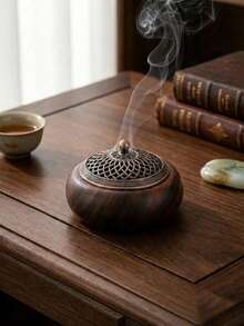 1pc Solid Walnut Wood Incense Burner With Vintage Hollow Carved Metal Lid, Incense Holder For Coil And Stick Incense, Zen Decor For Tea Room, Bedroom, Meditation, Ramadan, Eid, Christmas, Housewarming Gift - Wooden Bowl Incense Burner - View 2