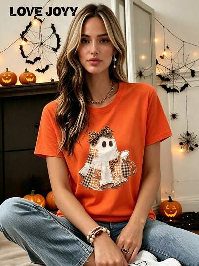 LOVE JOYY Top de manga corta con cuello redondo naranja para mujer, suéter holgado de hombros caídos con estampado de leopardo, lazo y gráfico de calabaza para otoño