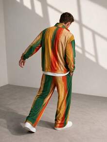 Men's Autumn/Winter 2 Pieces Set, Green Orange Yellow Zipper Hoodie Jacket & Wide Leg Pants - Multicolor - View 3