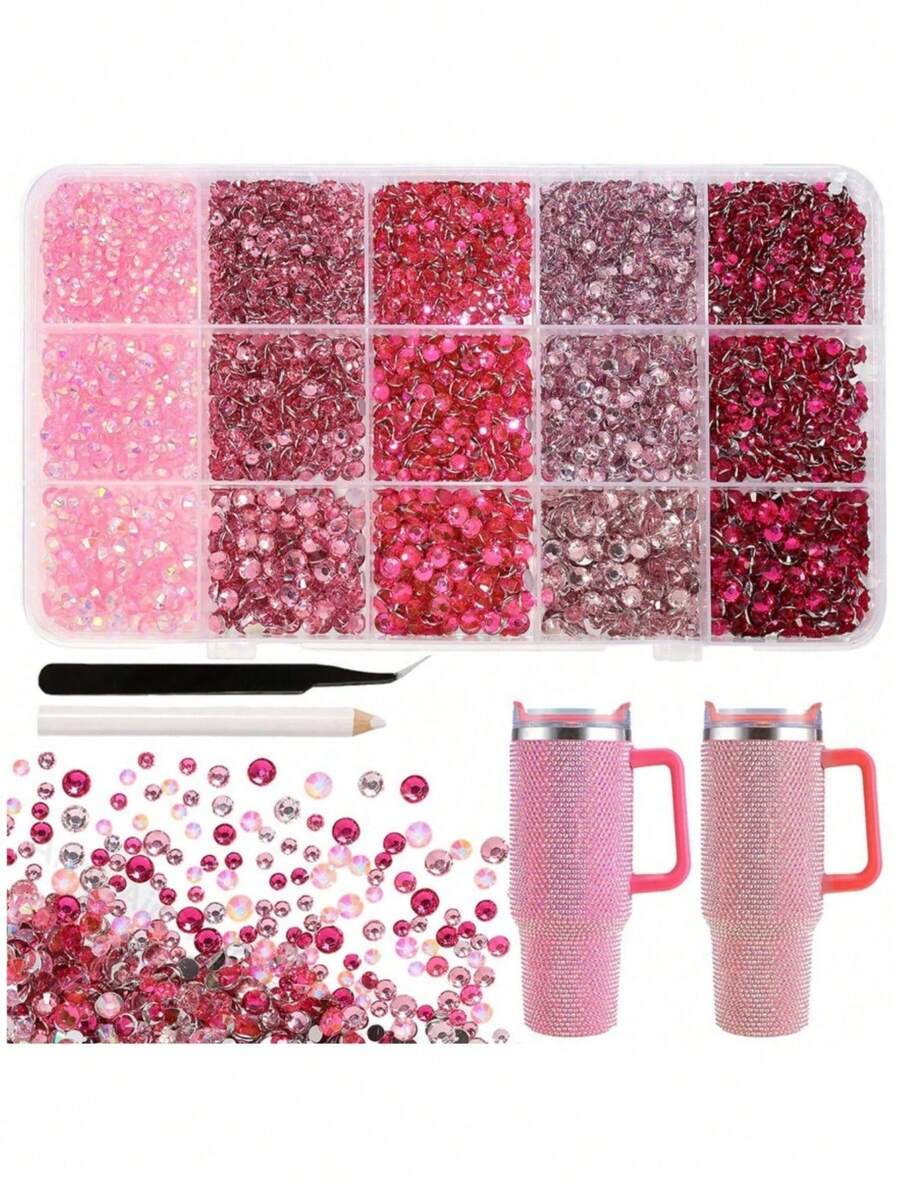 6500pcs Pink Resin Rhinestones 15-Grid For Crafts, Flat Back Resin Rhinestones For Dazzling Gemstone Flat Back Jewelry Suitable For DIY Mugs, Glass Cups, Bottles, Clothing, Shoes, Art - 5 Colors 15 Grids - View 1