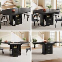 Extendable Dining Table, Dining Room Table, Kitchen Table, Round Dining Table, Extends To Oval, 118-158, Seats Up To 6 People, Three-Tier Storage, Walnut - Black + MDF - View 12