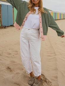 Acelitt Women's Ribbed Knit Striped Cardigan, V-Neck Dropped Shoulder Front Button Long Sleeve Casual Top, Suitable For Spring And Autumn - Multicolor - View 4
