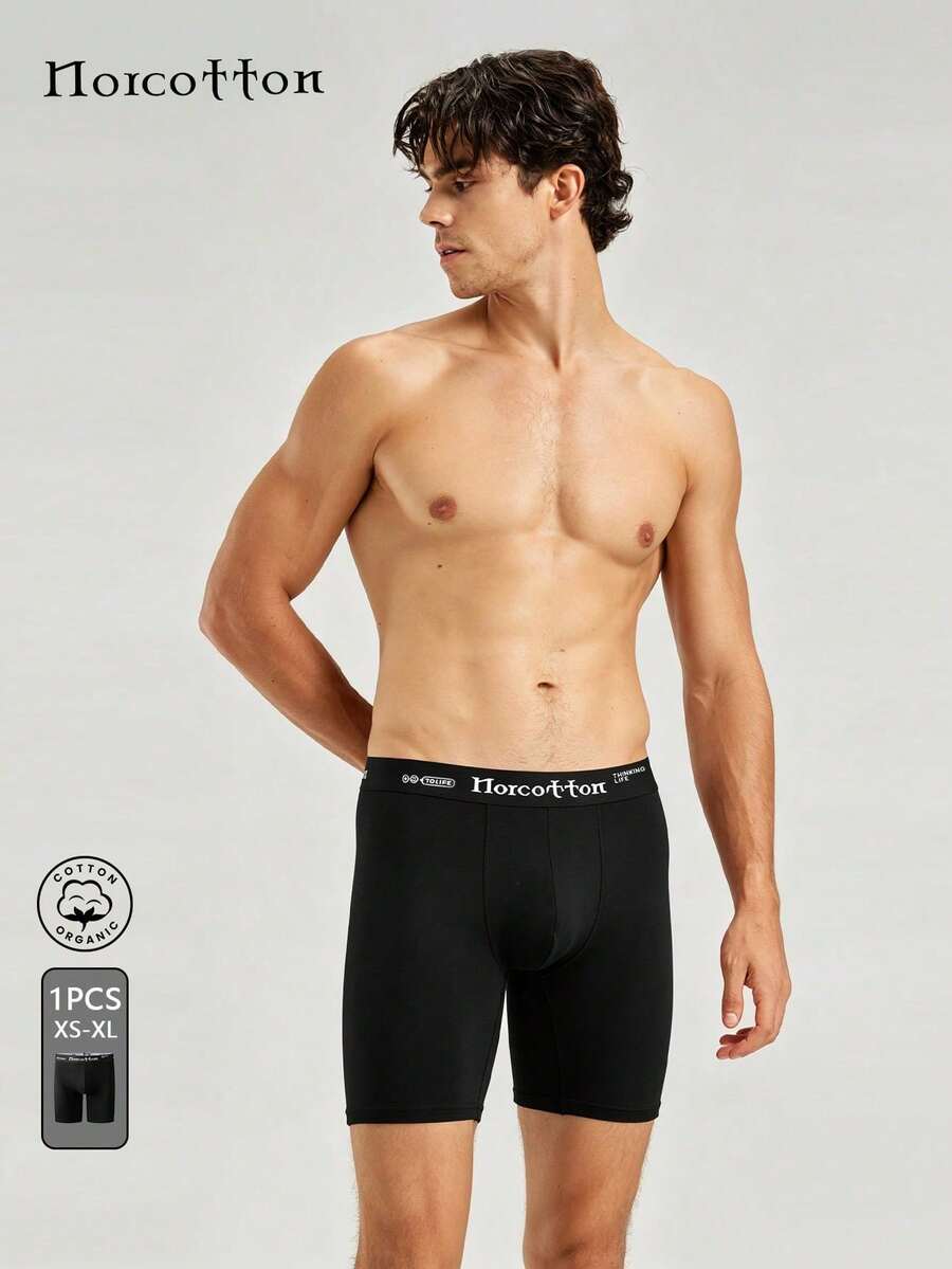 Norcotton 1pc Cotton Sports Underwear Solid Color Long Boxer Shorts - Black - View 1