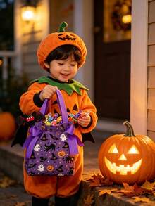 5/8/12 Pcs Halloween Candy Bags Drawstring Tote With Handles And Free Plush Doll, 100% Fabric Small Reusable Gift Bags For Trick Or Treat, Party Favors, Candy Storage, Assorted Pumpkin Ghost Bat Patterns - A - View 2