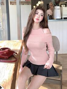 Pink 2 In 1 Fitted Knit Sweater, Sexy Off-Shoulder Design, Autumn/Winter Base Layer Top For Women - Pink - View 7