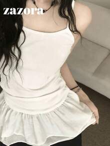 White Semi-Sheer Ruffle Trim Cami Tank Top For Women, Korean Style Summer Layering Inner Top - White - View 3