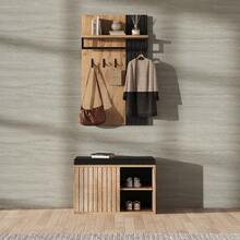 Shoe Bench, Hallway Furniture, 2-Door Shoe Cabinet With Back Panel And 3 Hooks, Black And Natural; Dimensions: W70/D36/H146cm (W*D*H) - Natural+Black + Particle Board - View 5