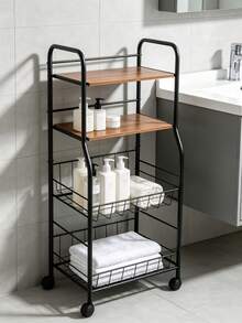 4‑Tier Rolling Storage Cart, Metal‑Wood Slim Organizer With Lockable Wheels & Wire Baskets, Mobile Storage Rack For Bathroom, Laundry, Kitchen Narrow Corner, Perfect For Home Users Storing Towels, Toiletries & Cleaning Supplies - Multicolor - View 8