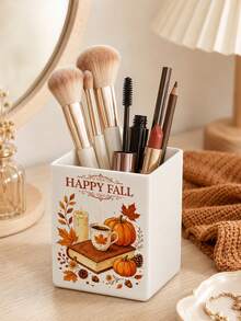 1pc "HAPPY FALL" Multi-Functional Storage Organizer Box - Makeup Organizer, Desktop Shelf, Bathroom Countertop Storage Rack (Suitable For Storing Cosmetics, Makeup Brushes, Jewelry, Utensils, Straws, Tea Bags, Pens, Remote Controls And Small Items); Compact Space-Saving Storage Solution For Vanity, Bathroom, Kitchen, Office, Bedroom, Living Room (Please Note Size And Random Pattern Before Ordering) - Multicolor - View 4