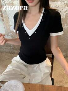 黑色V領2合1短袖女款夏季韓風修身顯瘦短版上衣 - 黑拼白 - 查看 5
