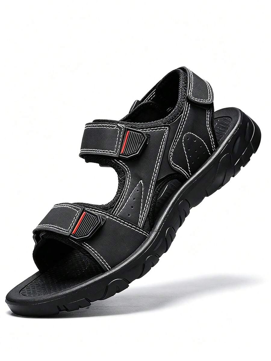 1 Pair Classic Solid Color Beach Sandals With Dual Hook And Loop Adjustable Design, Breathable, Comfortable, Casual And Versatile - Black - View 1