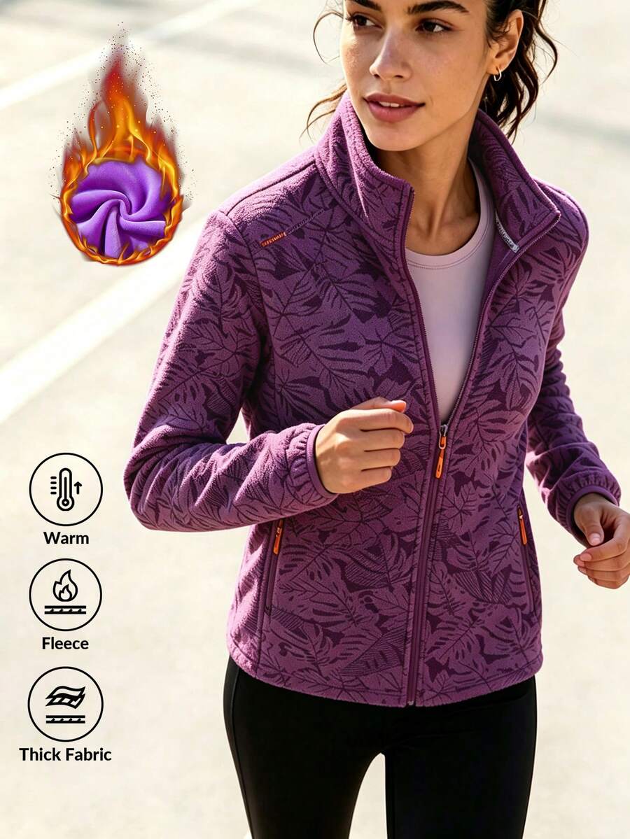 Fallfashion 女款戶外抓絨外套，楓葉圖案，厚實拉鍊口袋設計，抓絨外套秋季穿搭 - 中紫紅色 - 查看 1